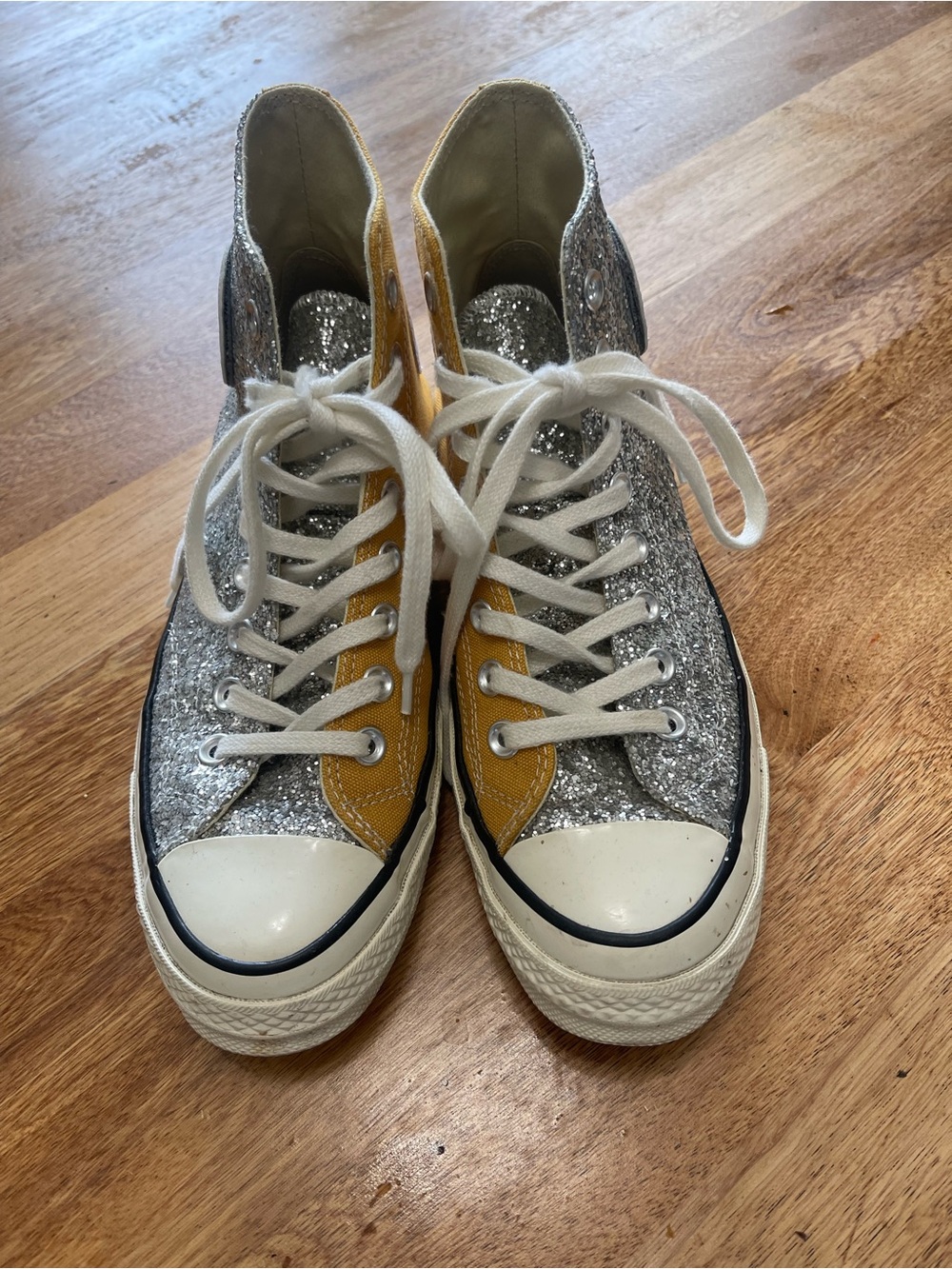 Chiara Ferragni x Converse Silver Glitter High-Top Sneakers with Mustard Accent